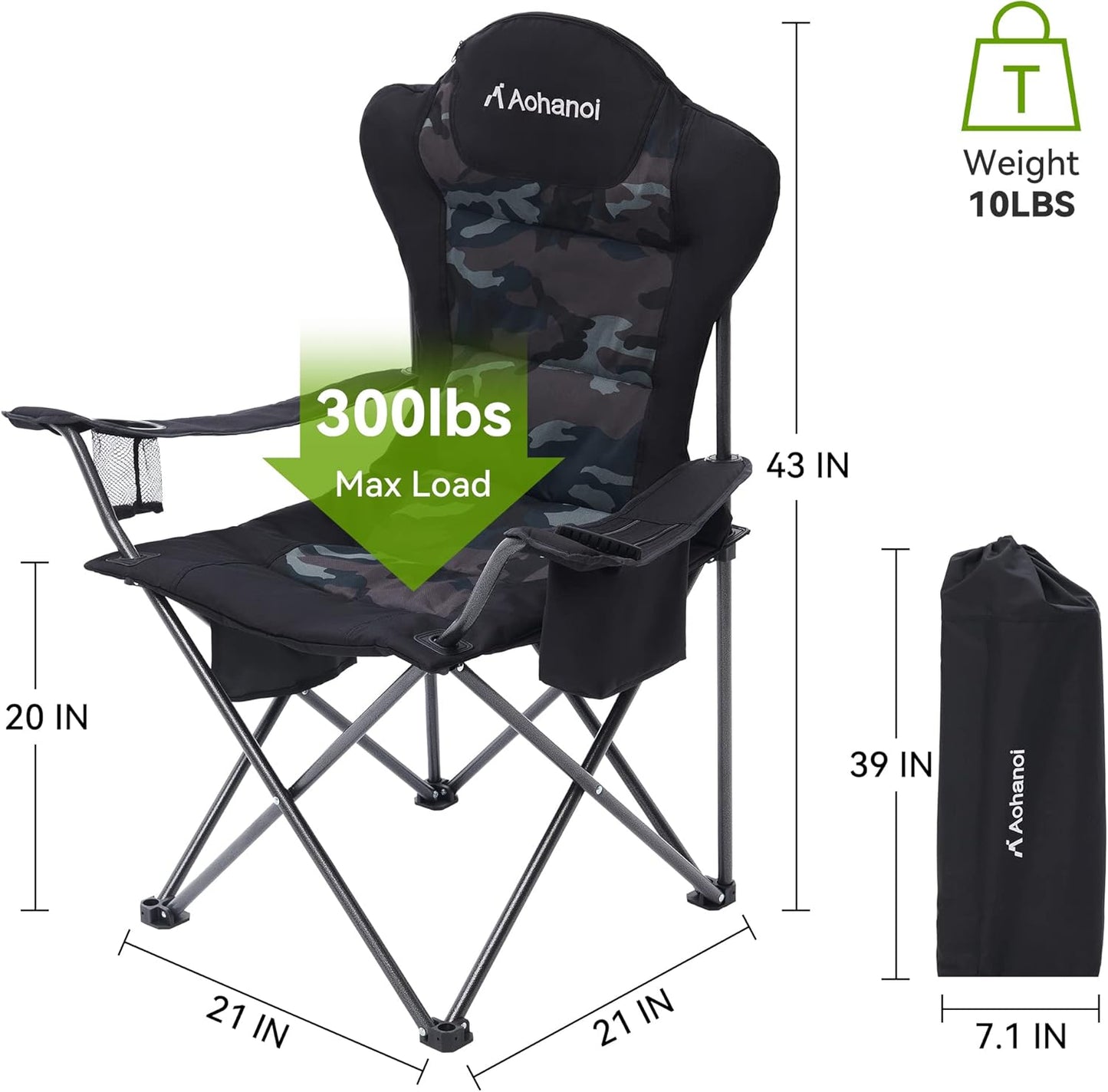 Camping Chairs for Heavy People, Folding Chairs for Outside Outdoor Folding Chairs with Cup Holder & Cooler Bag, Camp Chairs Supports up to 300lbs (1 PC, Camo)