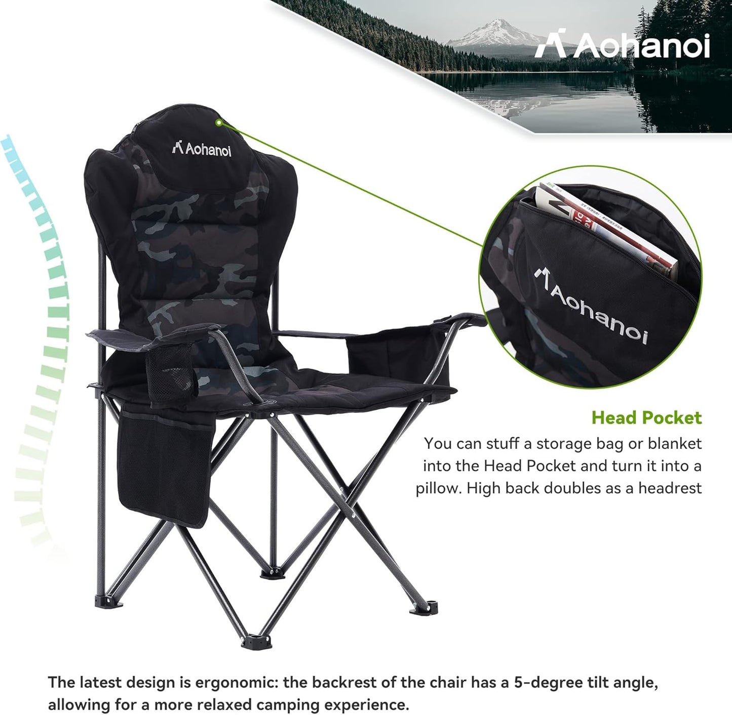 Camping Chairs for Heavy People, Folding Chairs for Outside Outdoor Folding Chairs with Cup Holder & Cooler Bag, Camp Chairs Supports up to 300lbs (1 PC, Camo)