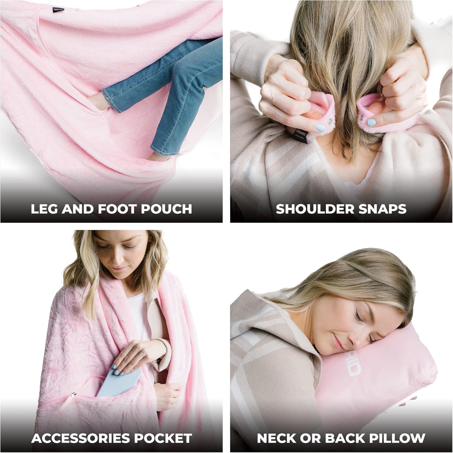 Lightweight Travel Blanket - Premium & Compact Airplane Wearable Blanket with Neck Snaps, Cozy Foot Pockets, Zipper Pouch - Converts into Soft Pillow - Designed for Ultimate Comfort - Rose