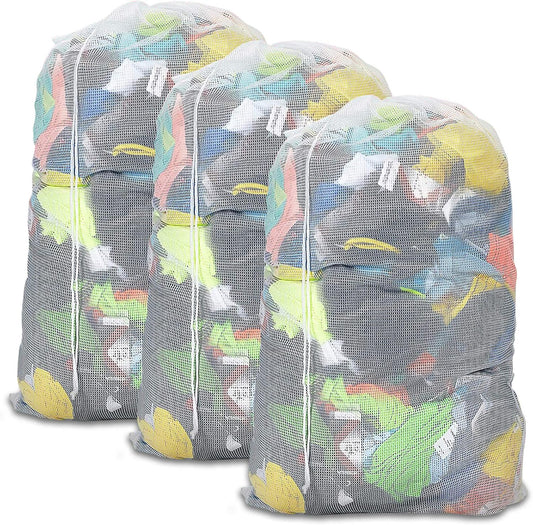Laundry Bags, Mesh Heavy Duty 24" x 36" with Drawstring Closure, 3-Pack, White